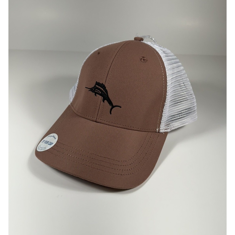 TOMMY BAHAMA "Tip Your Cap" Marlin Logo Trucker Hat Blush Brown White Mens *NEW*